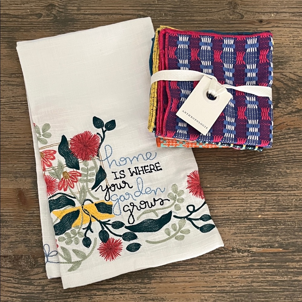 Anthropologie Embroidered Towel & Jacquard Dishcloth Set